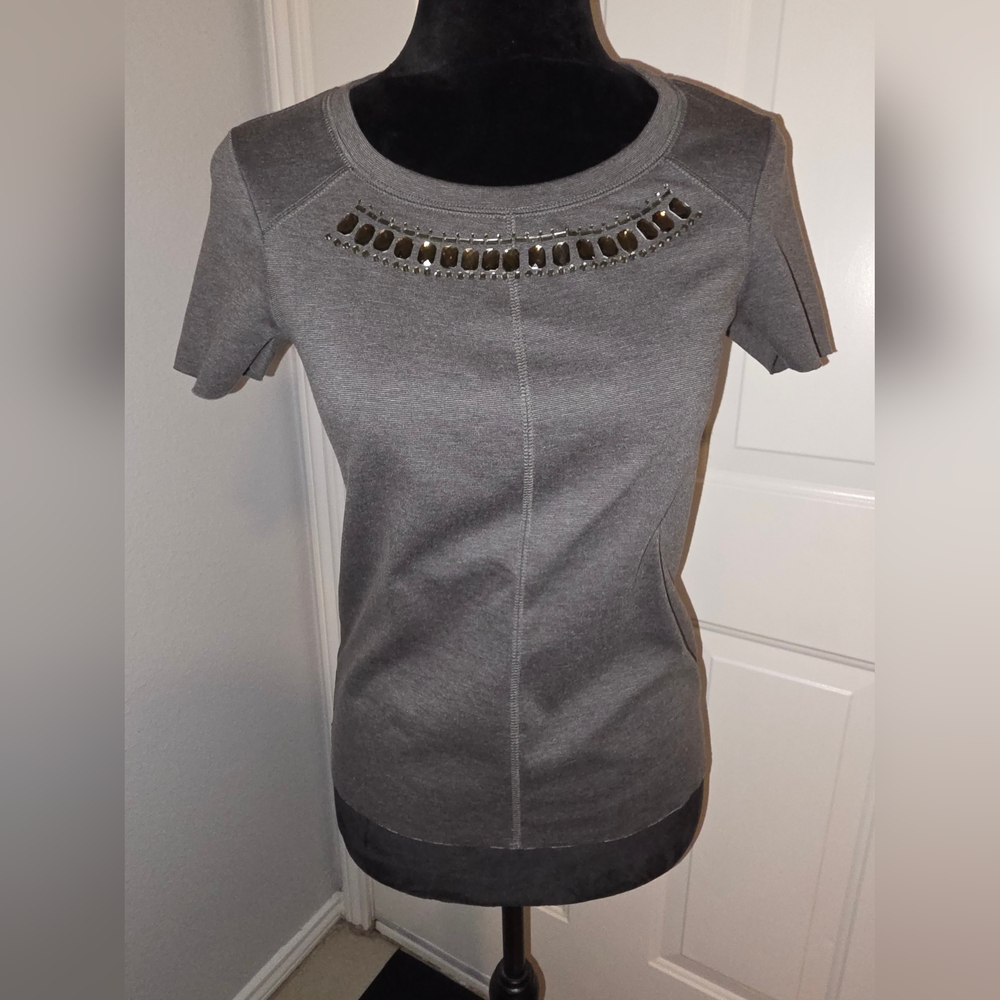Vera Wang Charcoal Embellished Short Sleeve Top
